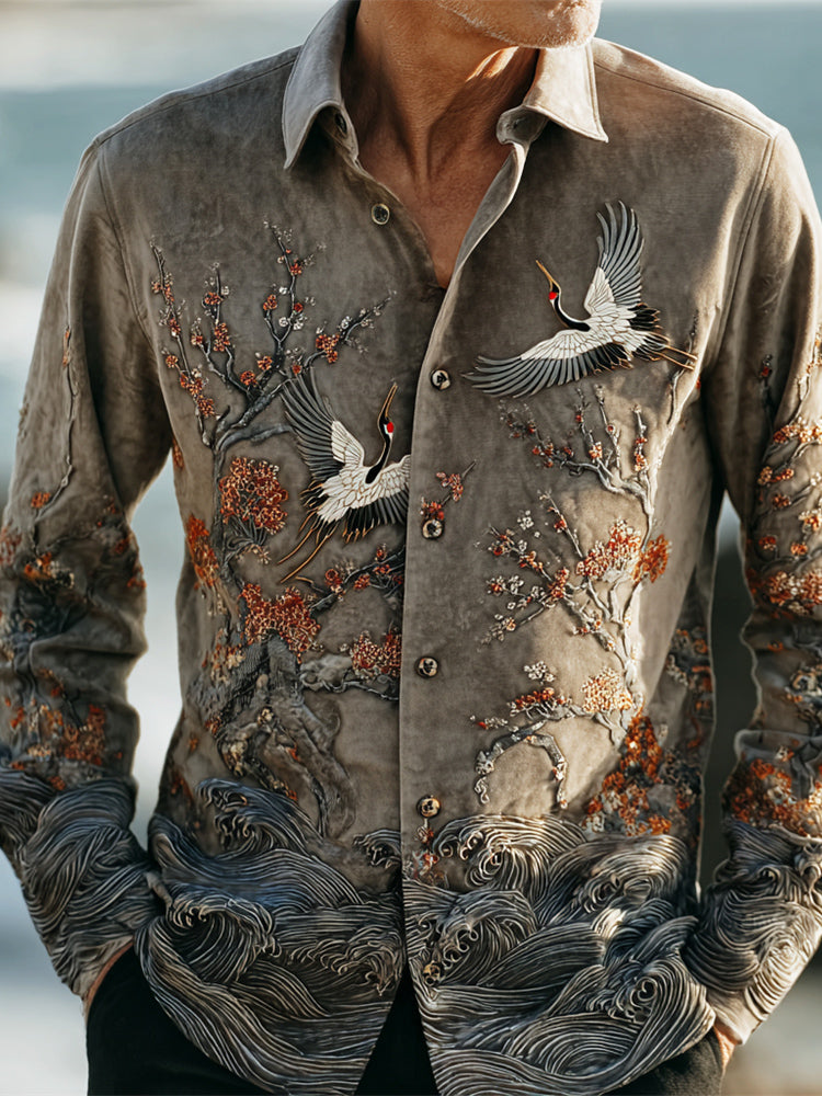 Vintage Japanese Floral Embroidery Men's Linen Long Sleeve Shirt elevenforest