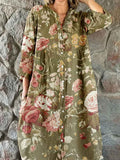 Women's Elegant Vintage Floral Print Shirt Style Cotton and Linen Dres