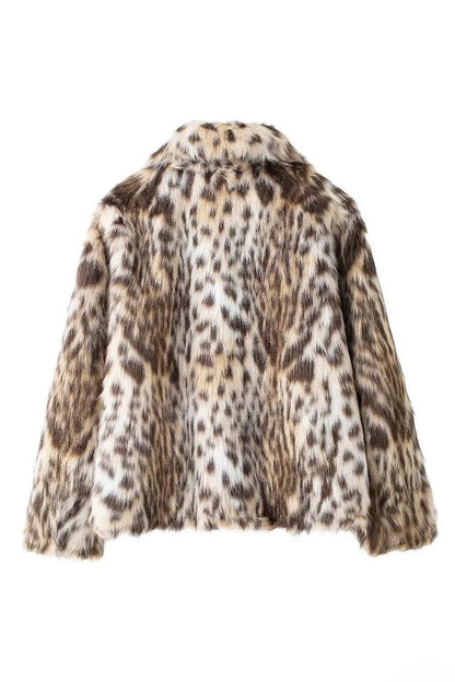 Leopard Print Faux Fur Turndown Collar Fuzzy Coat-brown