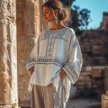 Vintage Greek Key Linen Blend Crew Neck T-shirt elevenforest