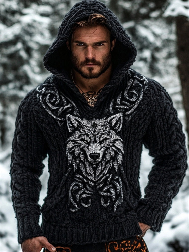 Men's Viking Wolf Celtic Chunky Hooded Sweater elevenforest