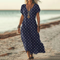 Polka Dot Print V-neck Short Sleeved Linen Blend Midi Dress elevenforest