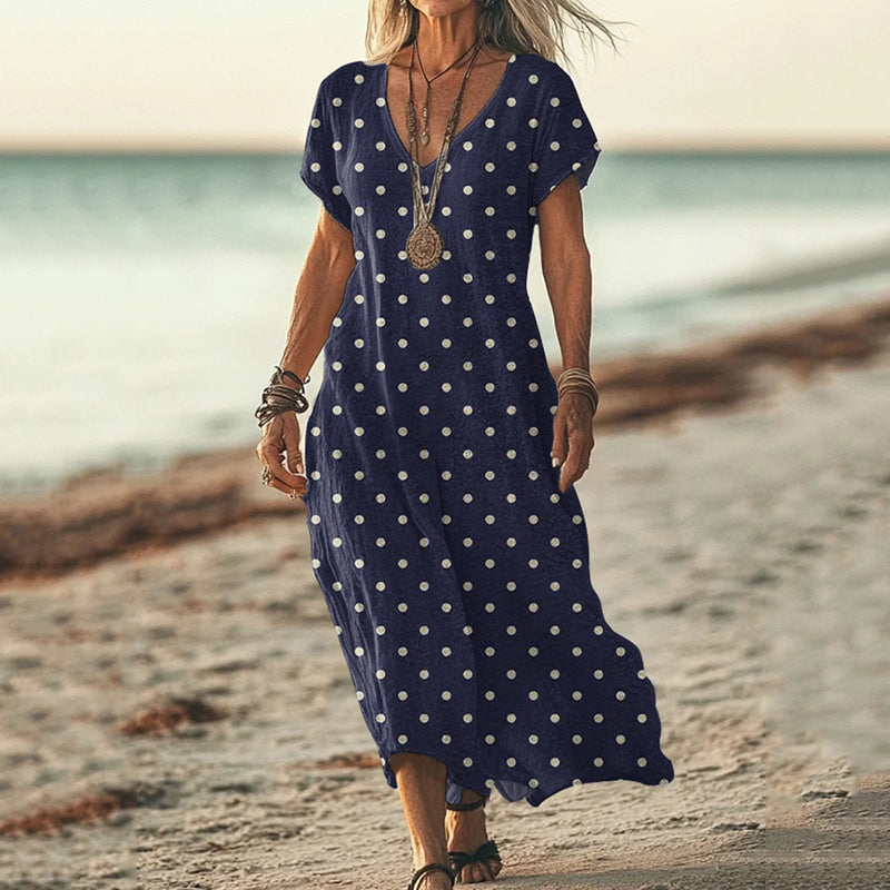 Polka Dot Print V-neck Short Sleeved Linen Blend Midi Dress elevenforest