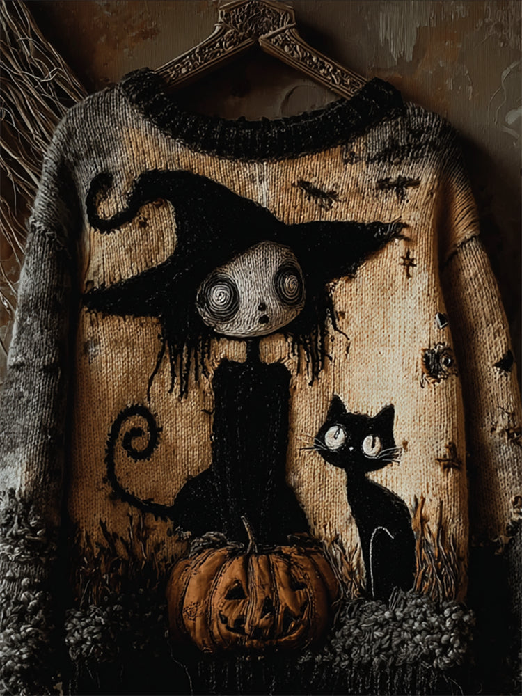 Comstylish Halloween Gothic Witch Girl & Cat Cozy Knit Sweater