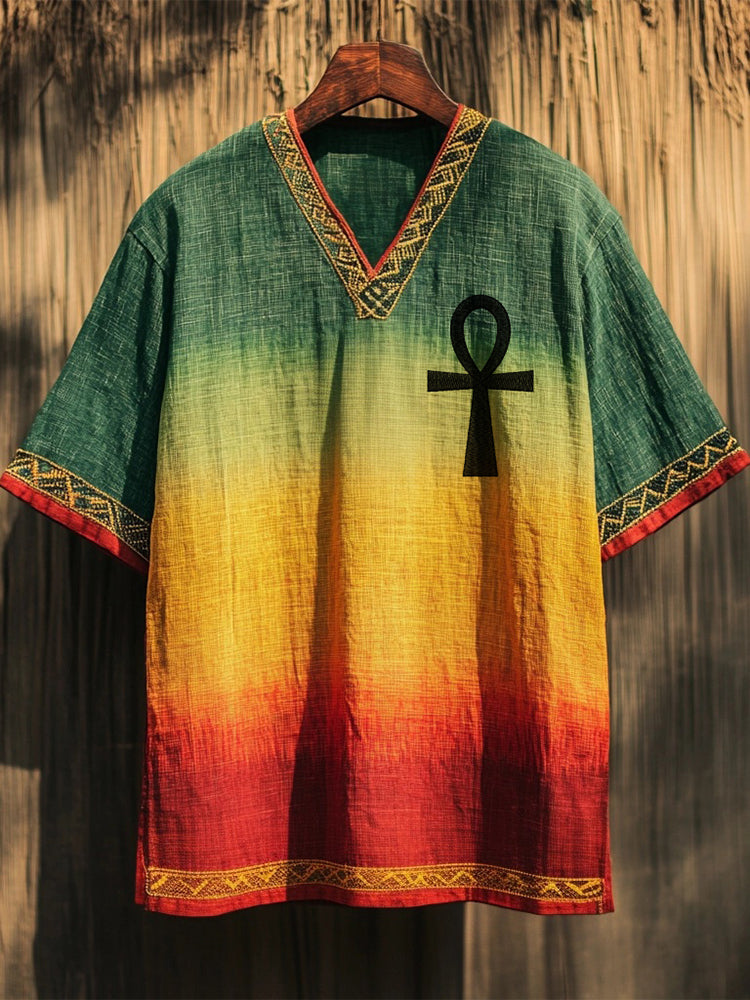 Ankh Cross Embroidered Rasta Color Gradient Linen T Shirt elevenforest