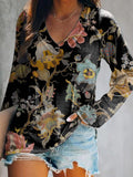Women's Casual Vintage Ethnic Floral Art Print V Neck Long Sleeve Tops