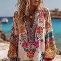 Bohemian Style Embroidered Flower Vacation Long-sleeved V-neck Worn-out Long-sleeved Top elevenforest