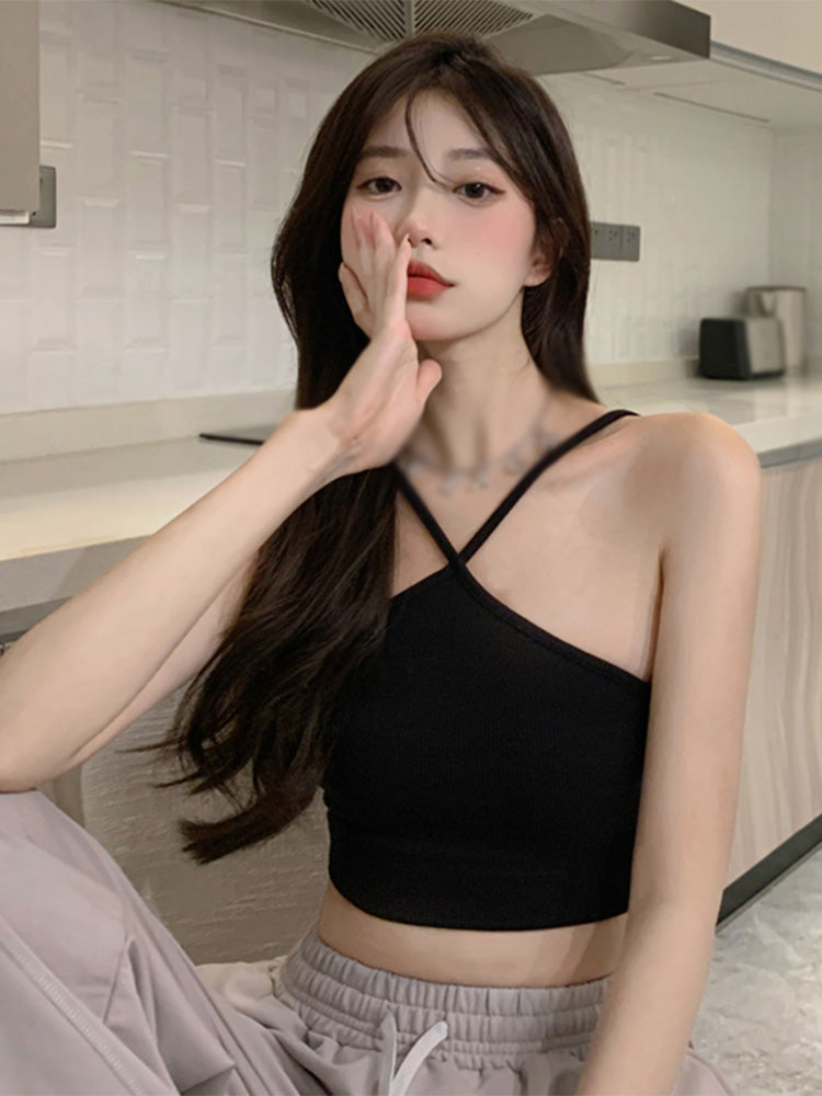 Hanging Neck Vest Camisole Tube Top Sleeveless Slim Short Tank Top Corset Top