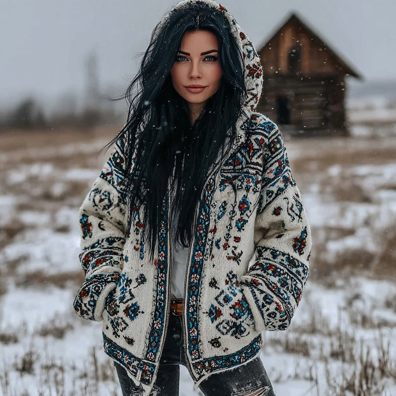 Women's Retro Tribal Pattern Knit Jacquard Zipper Hooded Sweater elevenforest