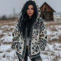 Women's Retro Tribal Pattern Knit Jacquard Zipper Hooded Sweater elevenforest