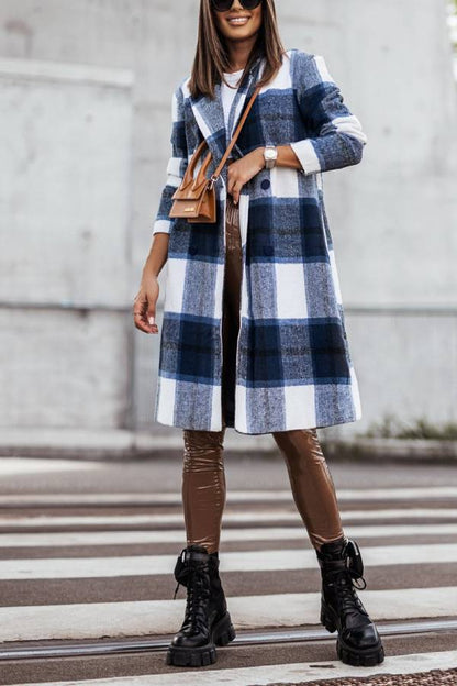 Mid Length Double Breasted Plaid Print Woolen Coat