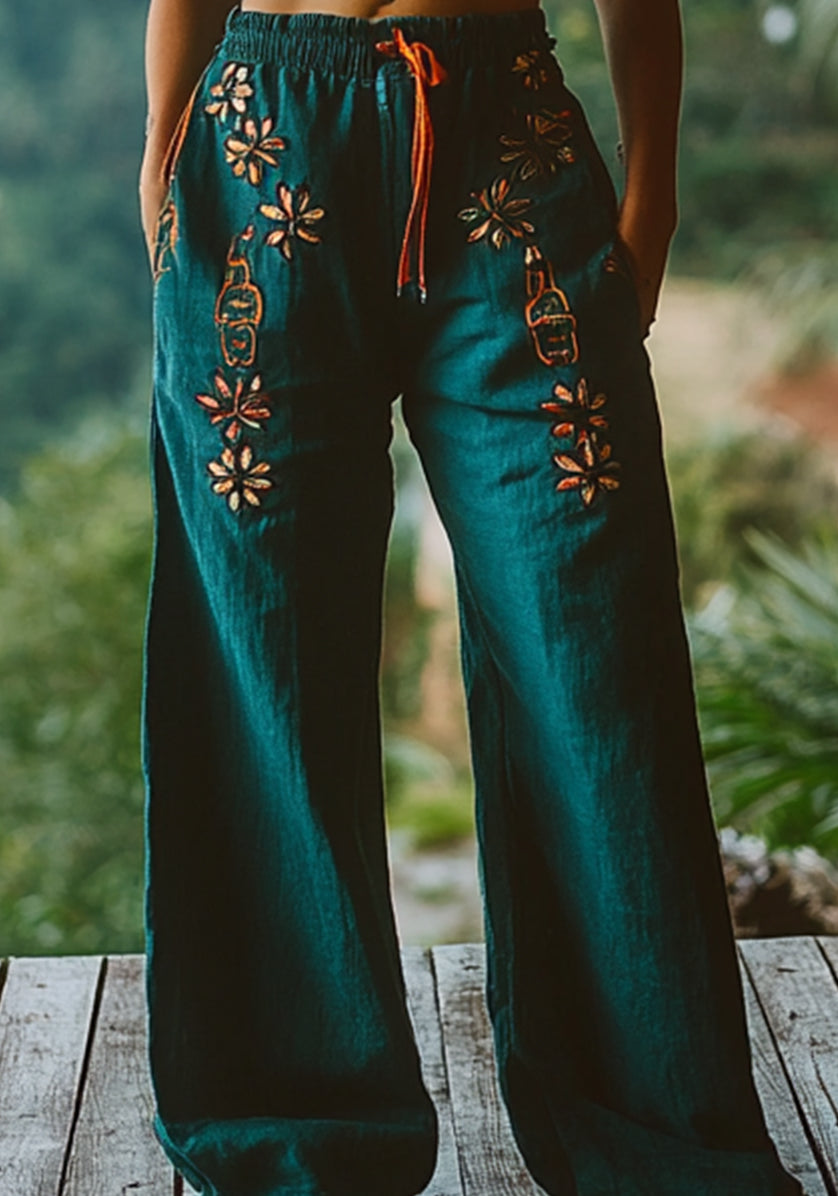 Women's Bohemian Embroidered Linen Lounge Pants elevenforest