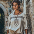 Vintage Greek Key Motif  Crew Neck Long Sleeves Linen Blend Blouse elevenforest