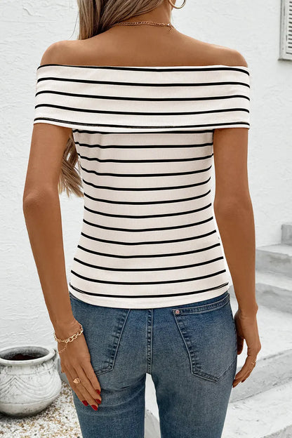 Stripe Patchwork Flower Shape Off Shoulder T-shirts