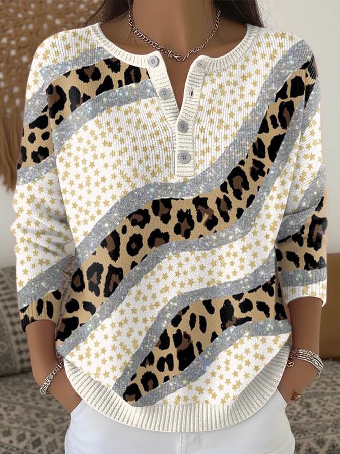 Women'S Casual Button-Down Collar Printed Knitted Top 
