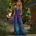 Vintage Classy Vintage Purple And Blue Lavender Patchwork And Floral Embroidered Art Gradient Linen Jumpsuit elevenforest