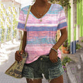 Women's Pink Color Block Stripes Print Casaul T-Shirt elevenforest
