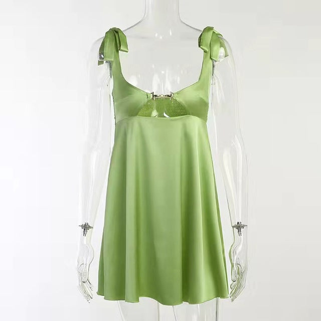 Taruxy Bandage Satin Dress Party Backless Sleeveless Loose Dresses Hollow Out Mini Dress Woman New