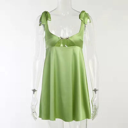 Taruxy Bandage Satin Dress Party Backless Sleeveless Loose Dresses Hollow Out Mini Dress Woman New