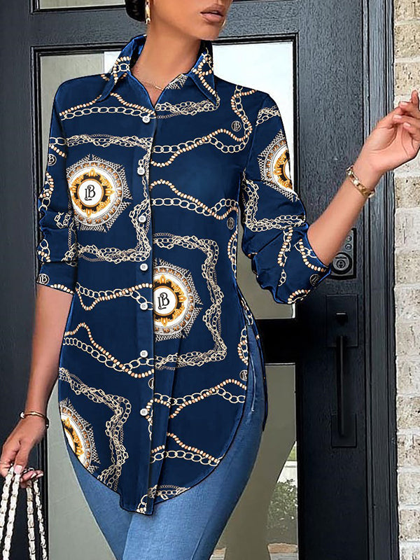 Loose Long Sleeves Printed Split-side Polo Blouses&shirts Tops