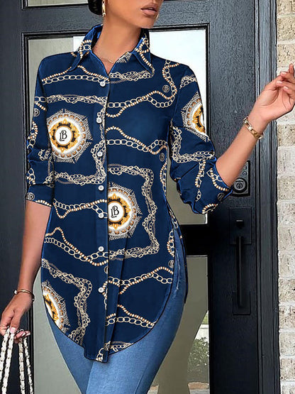 Loose Long Sleeves Printed Split-side Polo Blouses&shirts Tops