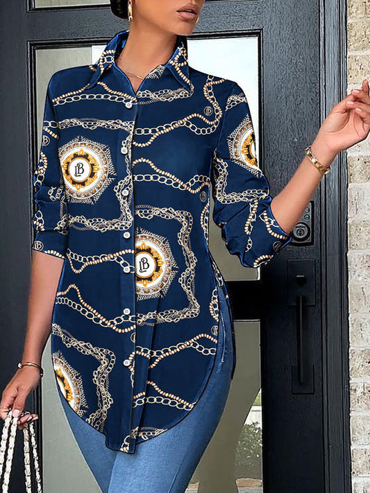 Loose Long Sleeves Printed Split-side Polo Blouses&shirts Tops