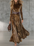 Western Retro Gold Velvet Zebra Print Lace-Up Long Sleeve Maxi Dress