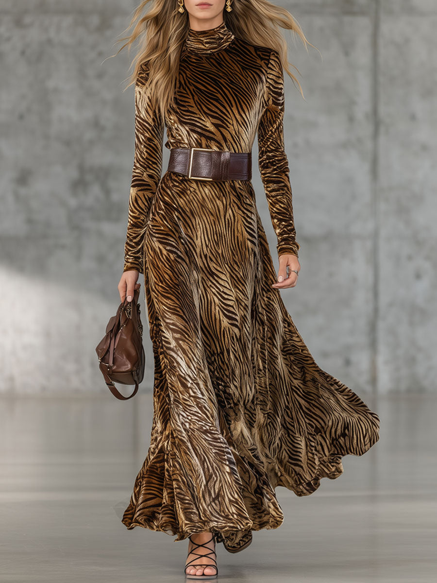 Western Retro Gold Velvet Zebra Print Lace-Up Long Sleeve Maxi Dress