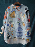 Women's Cute Cat Printed Linen Cotton Casual Shirt