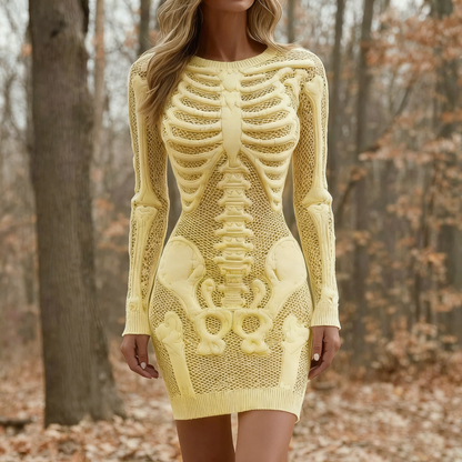 Women's Vintage Halloween Skeleton Bones Comfortable Elegant Sweater Dress artswardrobe
