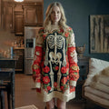 Comstylish Women's Halloween Skull Flower Art Cozy Knit Sweater Mini Dress