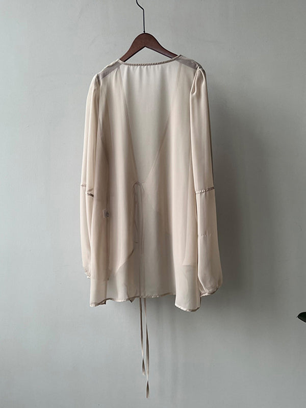 Bishop Sleeve Long Sleeves See-through Split-joint Tied Collarless Blouses&shirts Tops