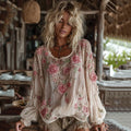 Women's Vintage Pink Rose Embroidery Art Round Neck Linen Blend T-shirt elevenforest