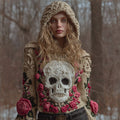 Women Halloween Pink Vintage Mysterious Pink Fairy Rose Skull Hooded Sweater elevenforest