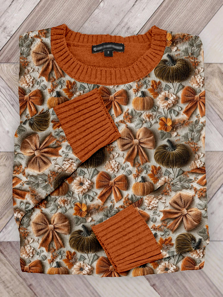 Velvet Pumpkins And Bows Embroidery Cozy Sweater artswardrobe