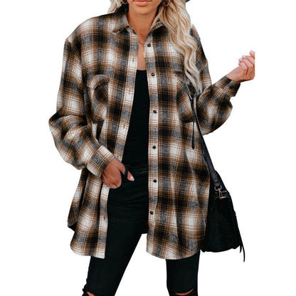 Clothing Autumn Winter Plaid Shirt Mid-length Loose Lapels Cardigan Shirt