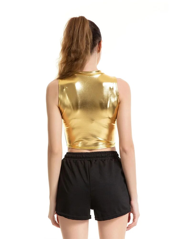 Crop Top Shiny Material Leather Sleeveless Vest Sports Tank Tops Gold Silver Shining Colorful Green Red Clothes