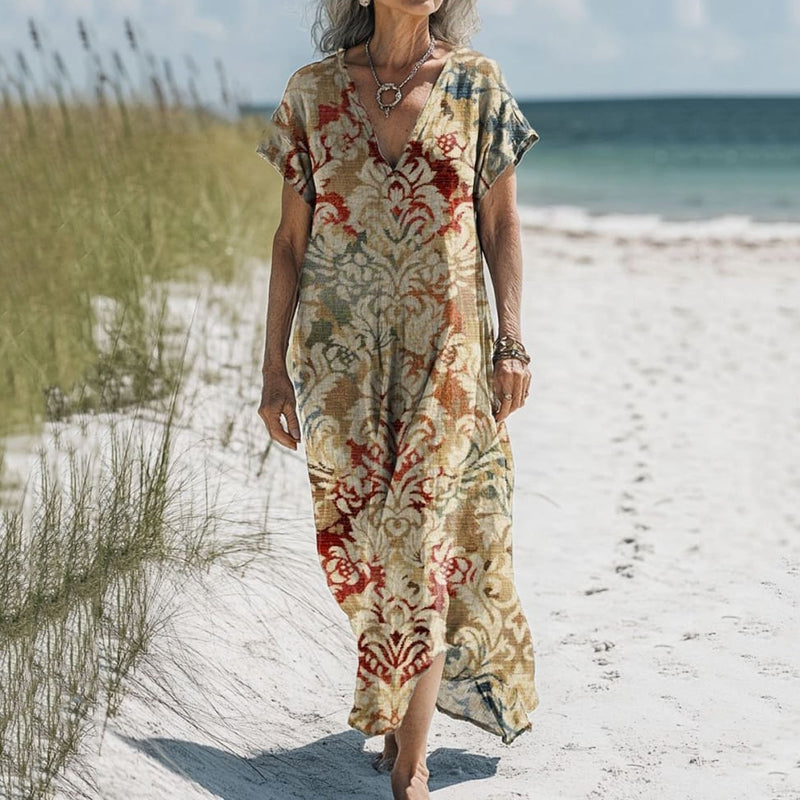 Women's Vintage Ethnic Floral Print V-neck Linen Blend Midi Dress elevenforest