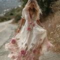 Women's Rose Embroidery Art V-neck Short Sleeve Maxi Dress elevenforest