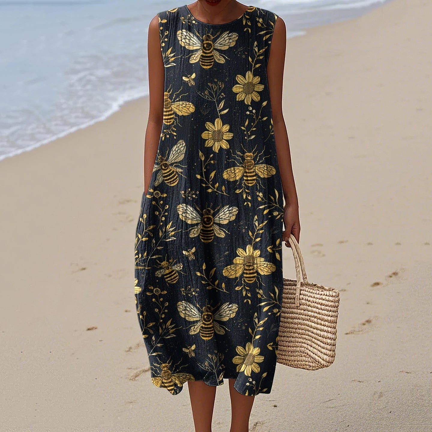 Women's Bees And Flowers Botanical Art Print Crew Neck Tank Midi Dress elevenforest