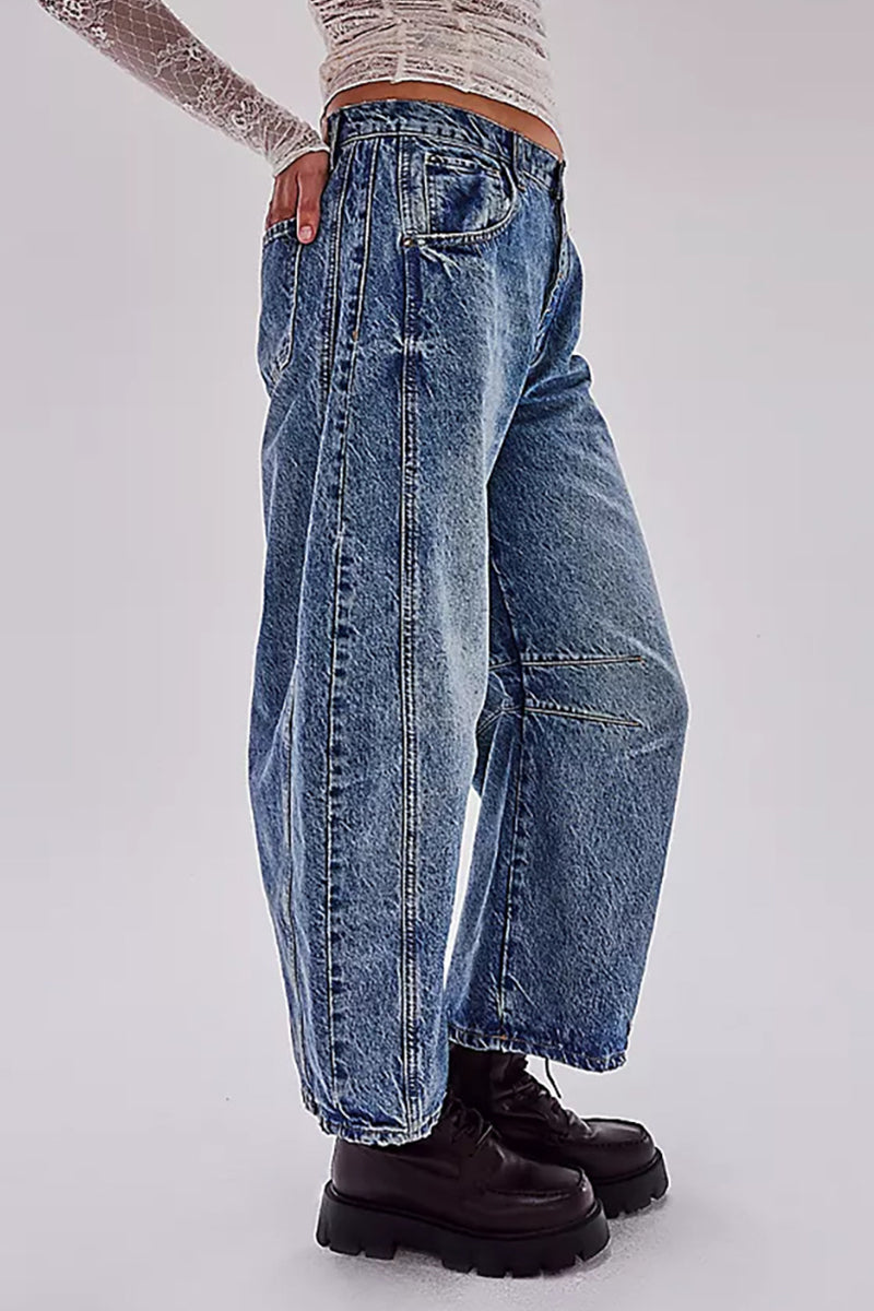 Pocket Without Belt Mid Waist Loose Denim Jeans(no Belt)