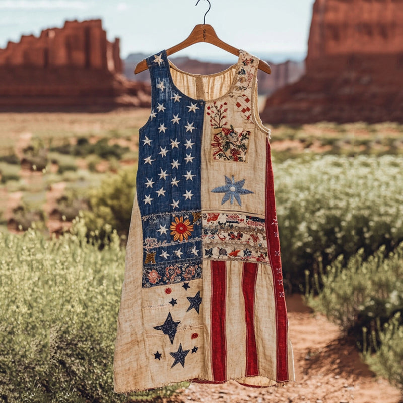 Vintage Independence Day American Flag Patch Floral Art Linen Casual Tank Dress elevenforest