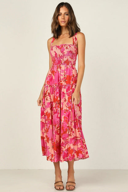 Smocked Elastic Cami Midi Dress Red