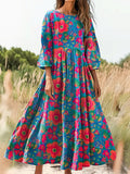 Women's Bohemian Floral Print Flowy Cotton Crew Neck Dress