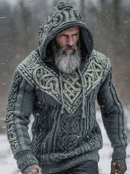 Men's Viking Tribal Jacquard Celtic Knotwork  Inspired Chunky Knit Hooded Sweater artswardrobe