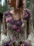 Bohemian Style Round Neck Long Sleeve 3d Purple Flower Design Cotton And Linen Top For Women elevenforest