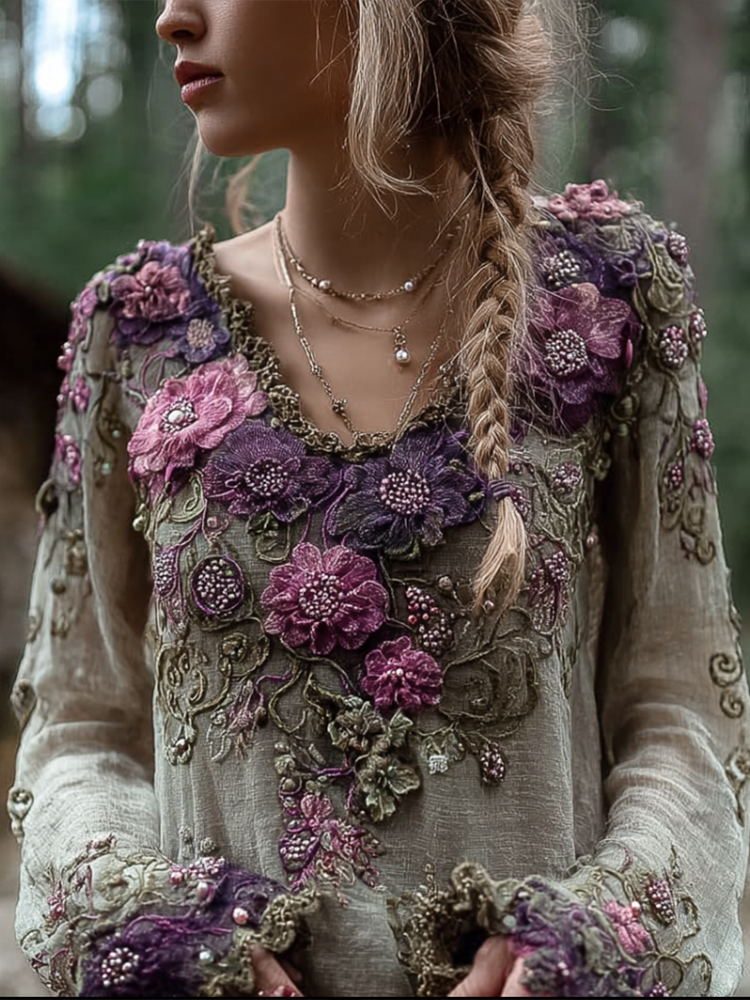 Bohemian Style Round Neck Long Sleeve 3d Purple Flower Design Cotton And Linen Top For Women elevenforest
