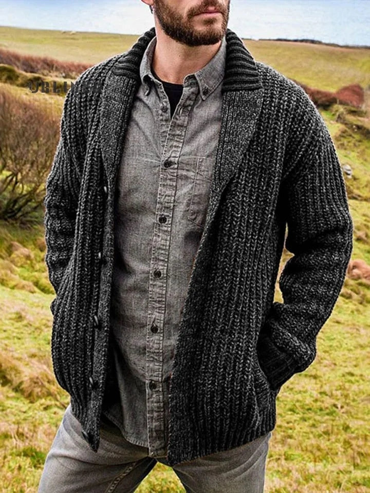 Men's Retro Solid Color Lapel Button Sweater elevenforest