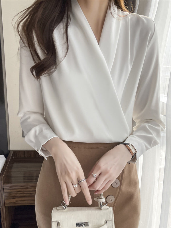 Long Sleeves Loose Buttoned Color V-neck Blouses&shirts Tops