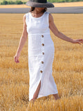 Women's Casual Button Down Cotton Linen Sleeveless Dress